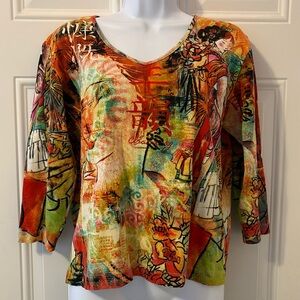 Chicos Japanese print 3/4 sleeve v-neck top